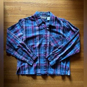 Pink, purple, and blue plaid button down, size medium